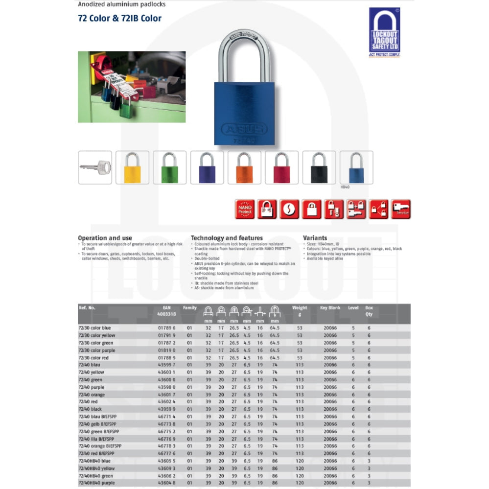 72/40 HB40 Series Abus Aluminium Padlock Long Shackle