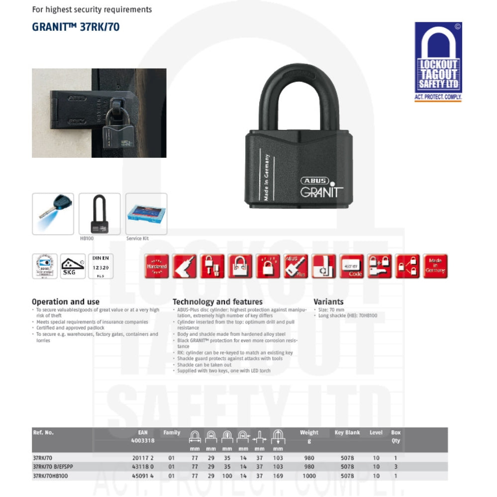 Abus 37RK/70HB100 Granit Padlock Extra Long Shackle