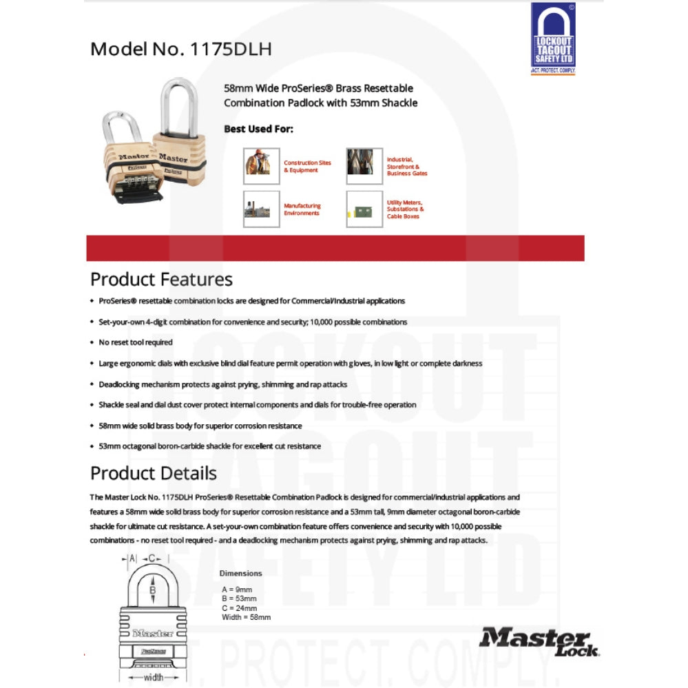 Masterlock Brass Pro Series Resettable Combination Padlock Long Shackle